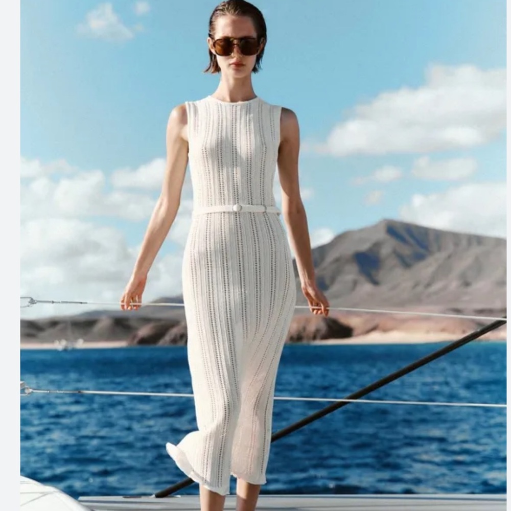 Zara White Sleeveless Knit Midi Dress